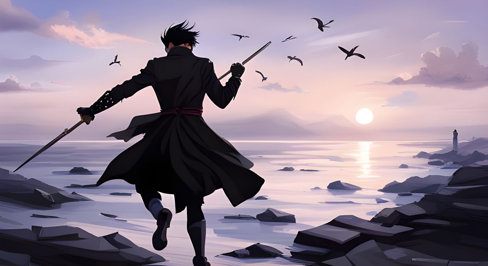 Anime-Style Man Running into Sunset with Sword