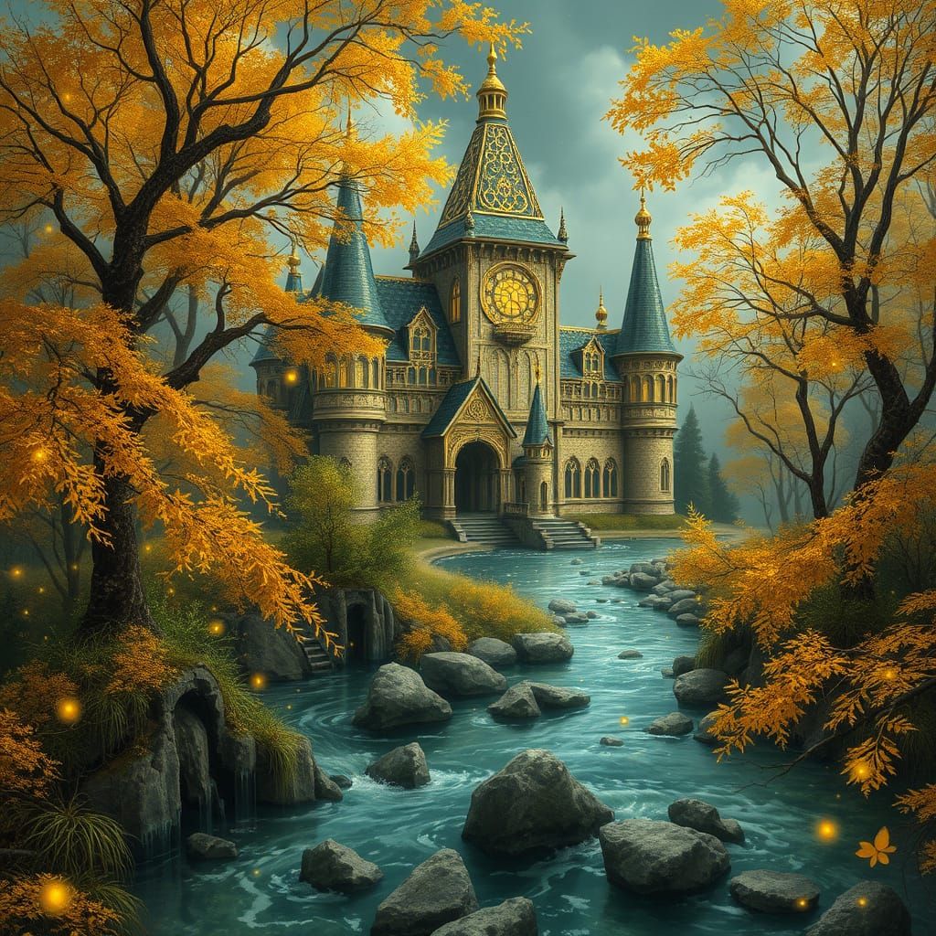 Golden Palace in Enchanted Forest, Fantasy Art