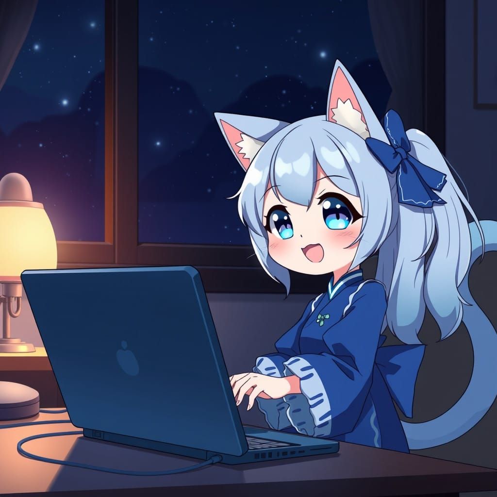 Whimsical Anime Catgirl Creates Digital Art by Moonlight