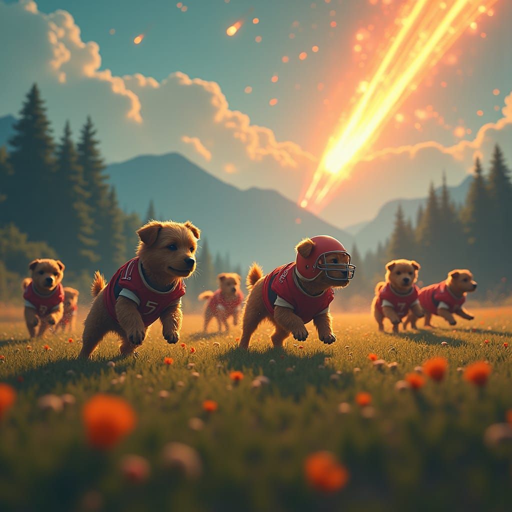 Dogs Play Football Under Meteor Shower