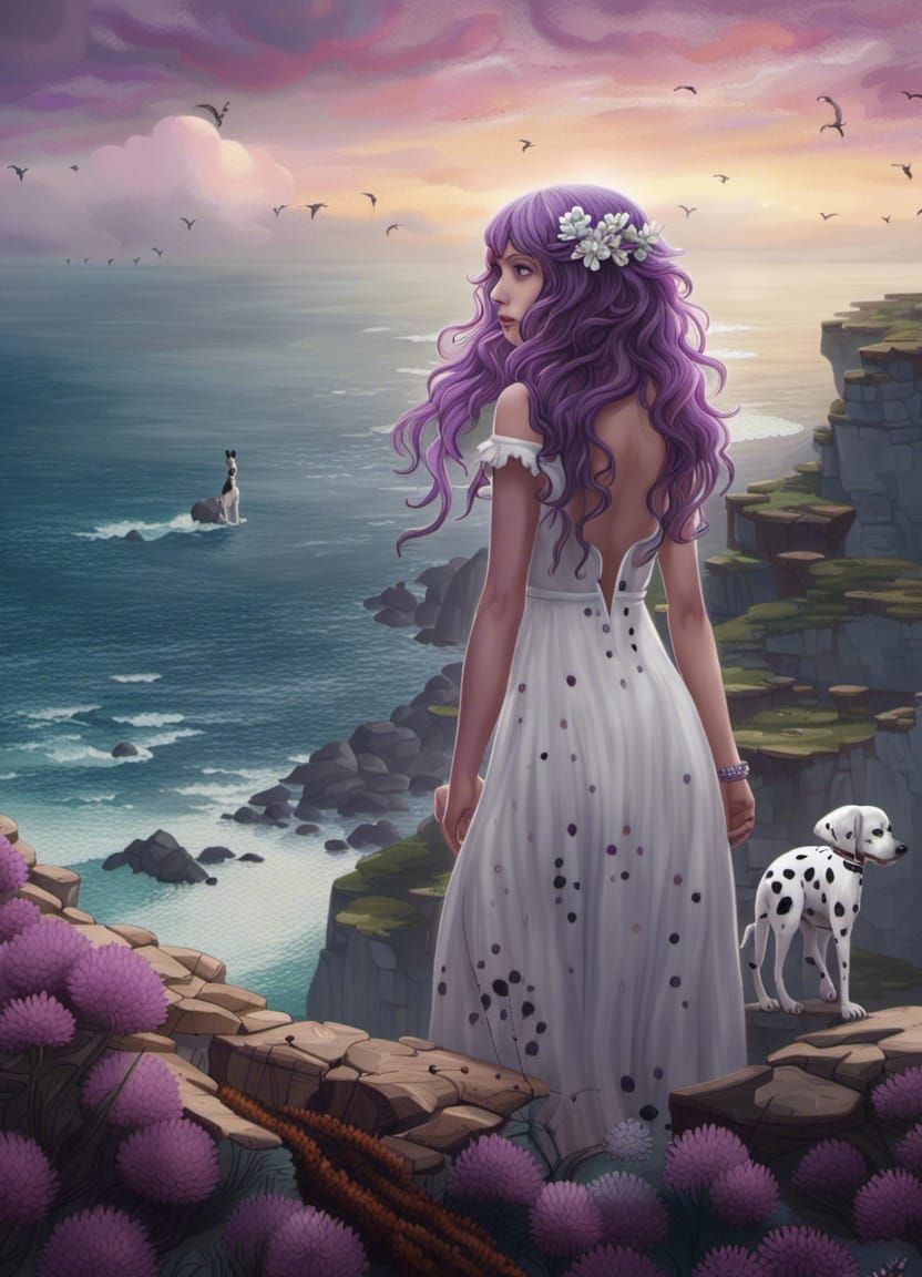 Girl and Dalmatian on Sea Cliff: Fantasy Painting