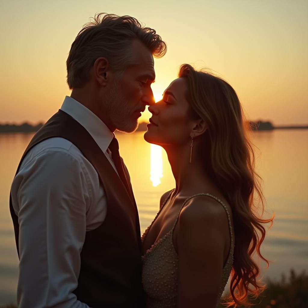 Romantic Lakeside Embrace in Cinematic Film Style