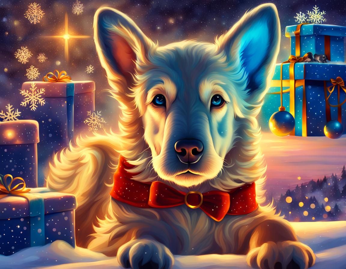 Vibrant Oil Painting of Santa and Puppy in a Fantasy Winter...