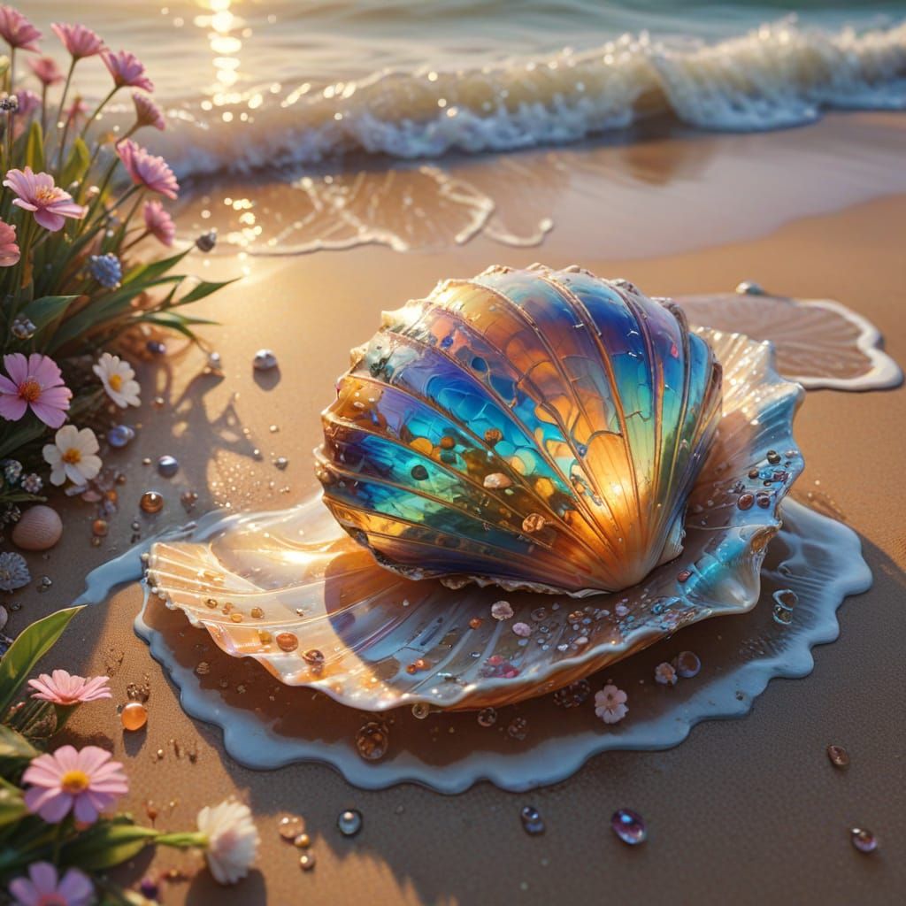 Surreal Spring Scene within a Seashell on the Beach