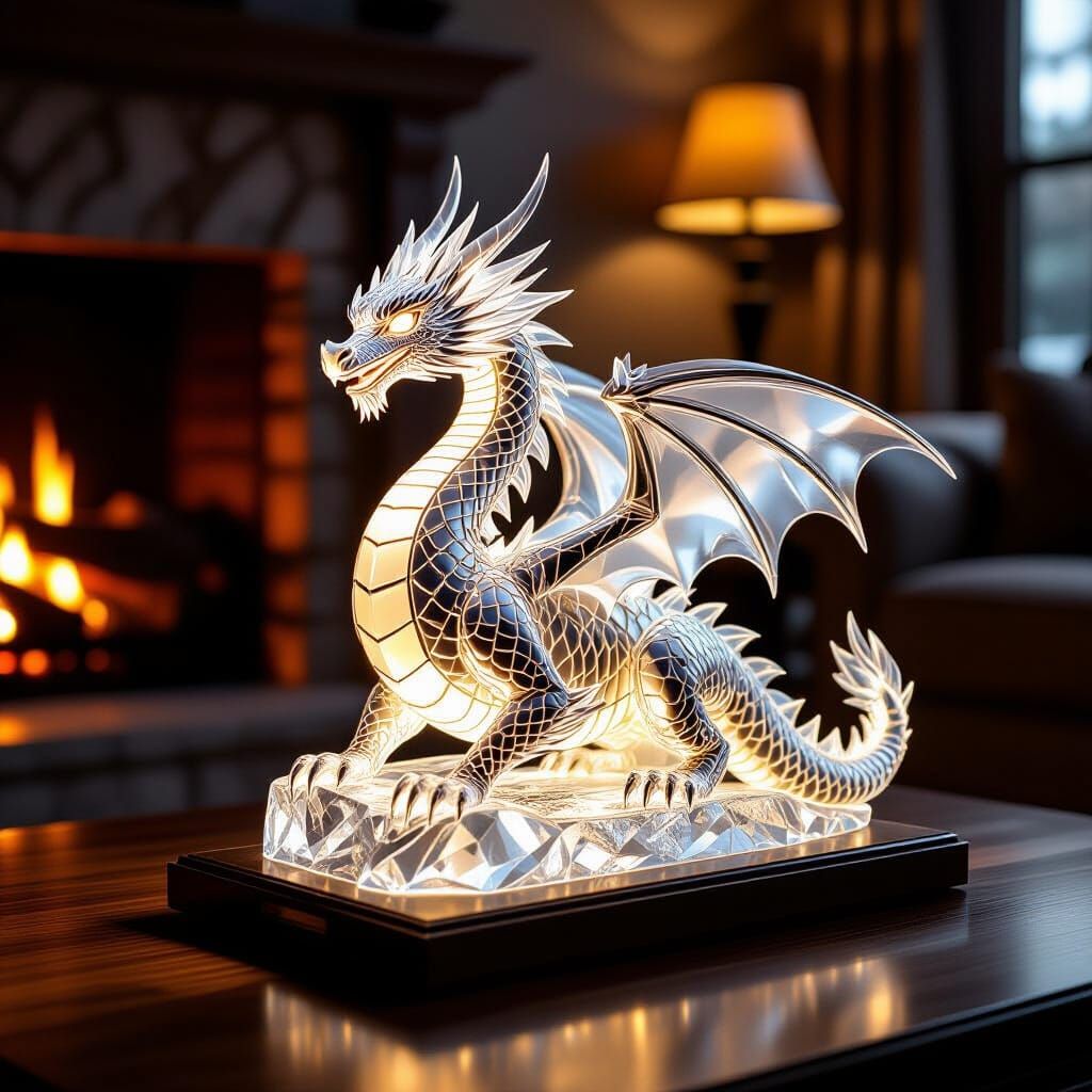 Crystal Dragon Sculpture Glows by Fireplace