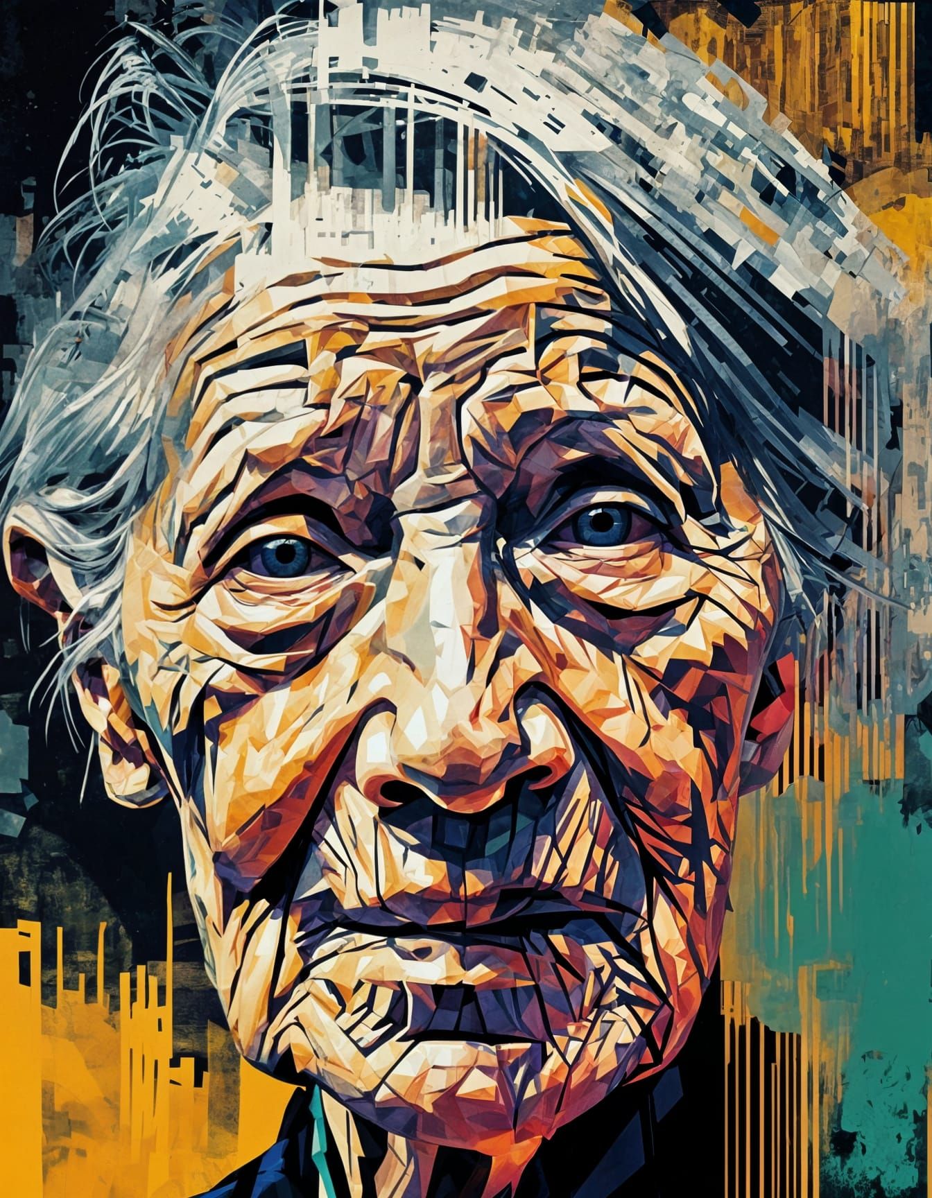 Distorted Portrait of an Old Woman in Abstract Expressionism
