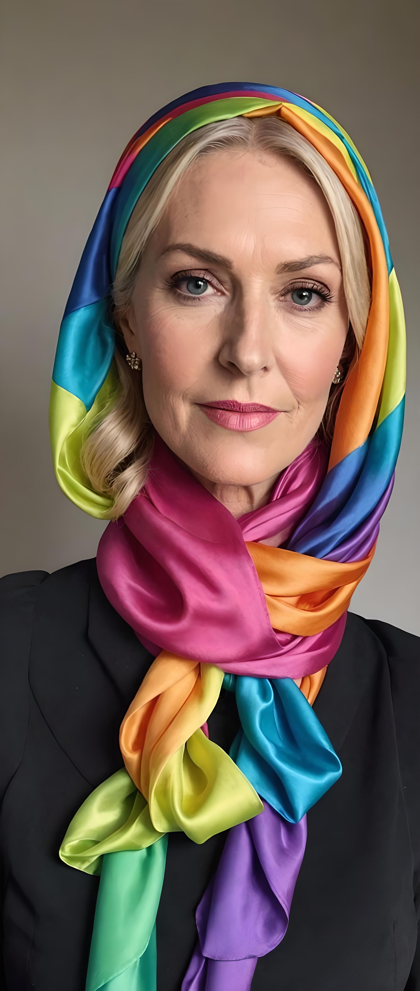 Elegant Blonde Woman with Silk Headscarf in 80s Style