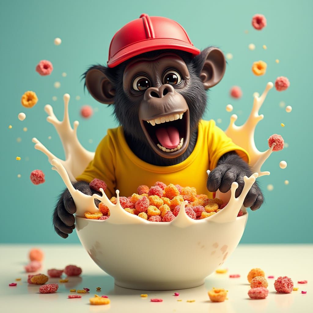 Cocoa Gorilla Bursting from Cereal Bowl