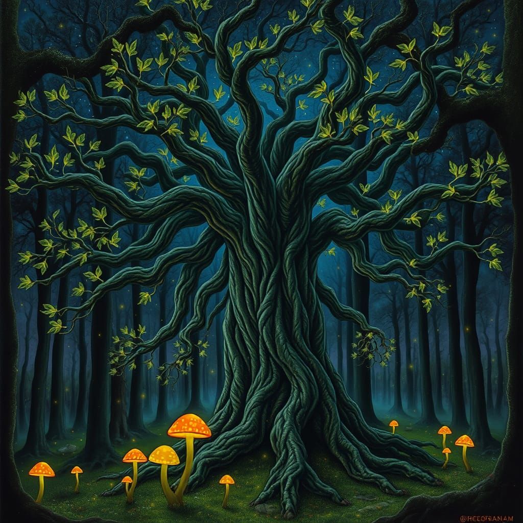 Majestic Ancient Tree in Twilight Forest