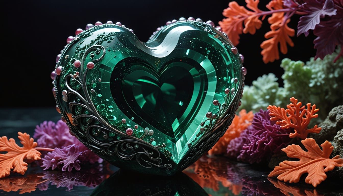 Heart-Shaped Rock with Emeralds in Coral Reef