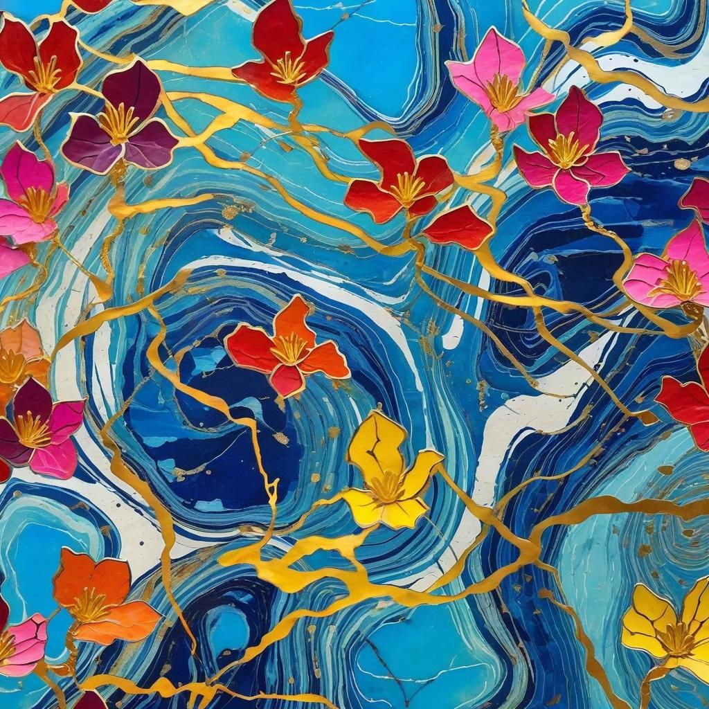 Kintsugi Ikebana Flower Arrangement with Marbling Effect