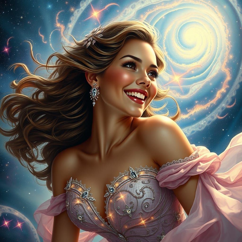 Galactic Goddess in Starlight Gown, Floating Amidst Vibrant ...