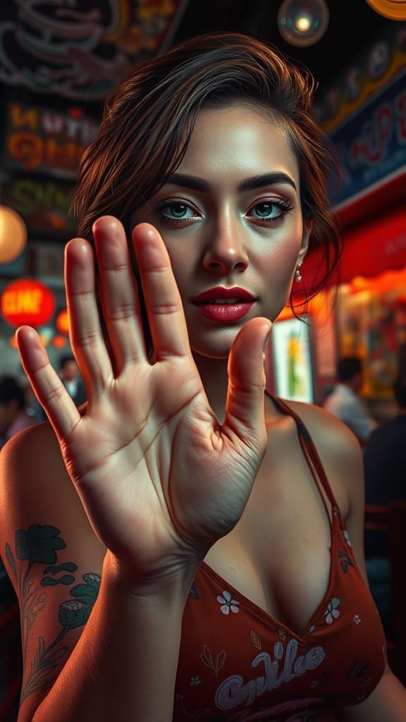 Woman in Night Cafe Shows Name Written on Palm