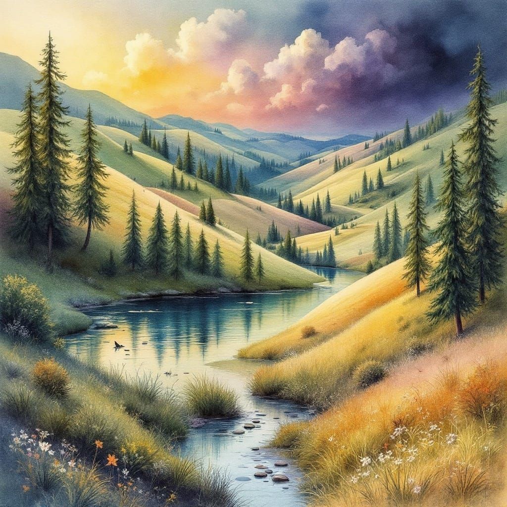 Whimsical Watercolour Dreamscapes of Rolling Hills and Seren...