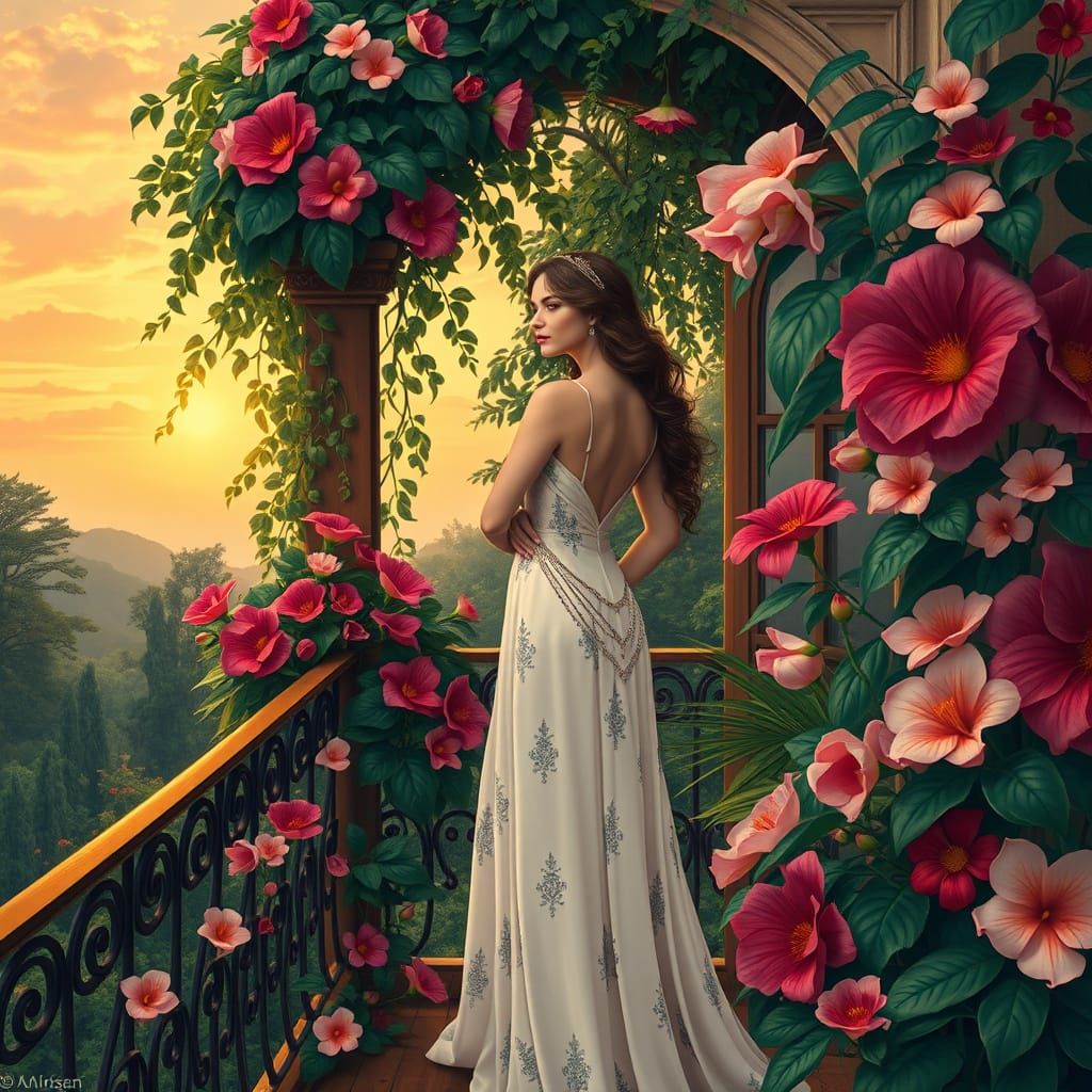 Ethereal Woman in Art Nouveau Balcony Scene