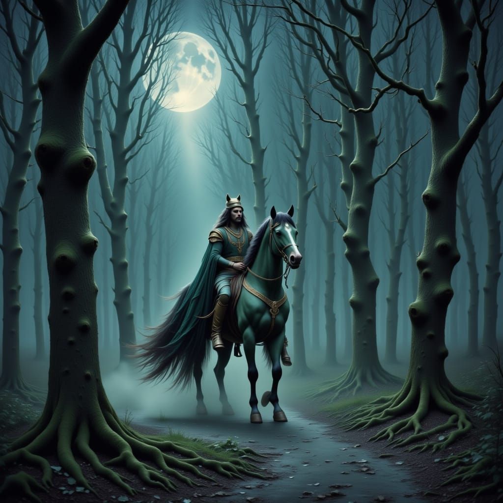 Prince on Horseback in Surreal Dreamscape Forest