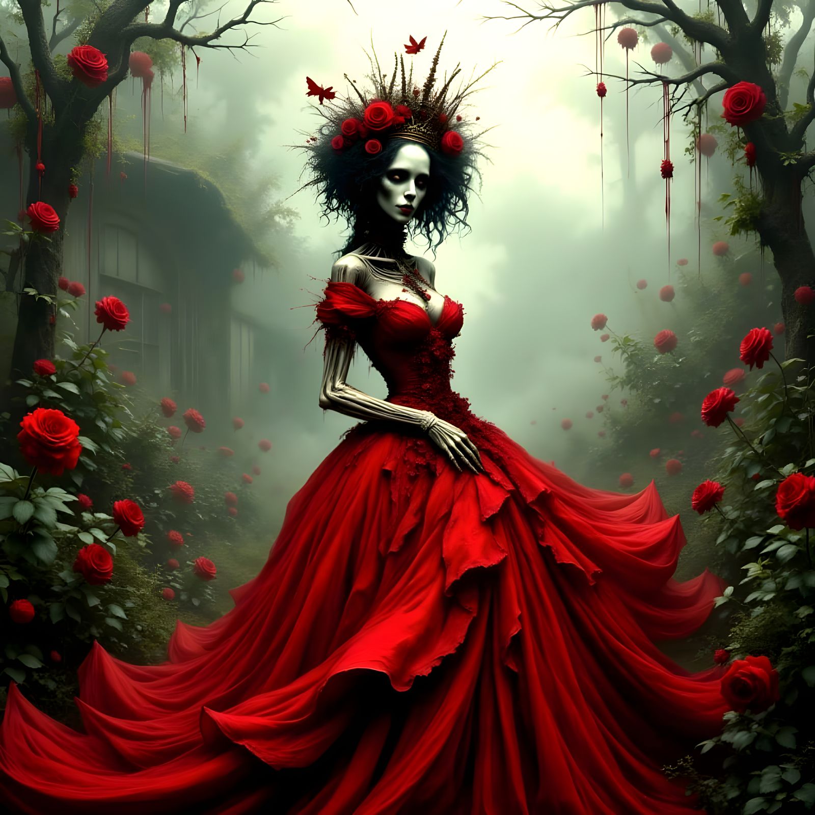 Skeleton Queen in Foggy Garden