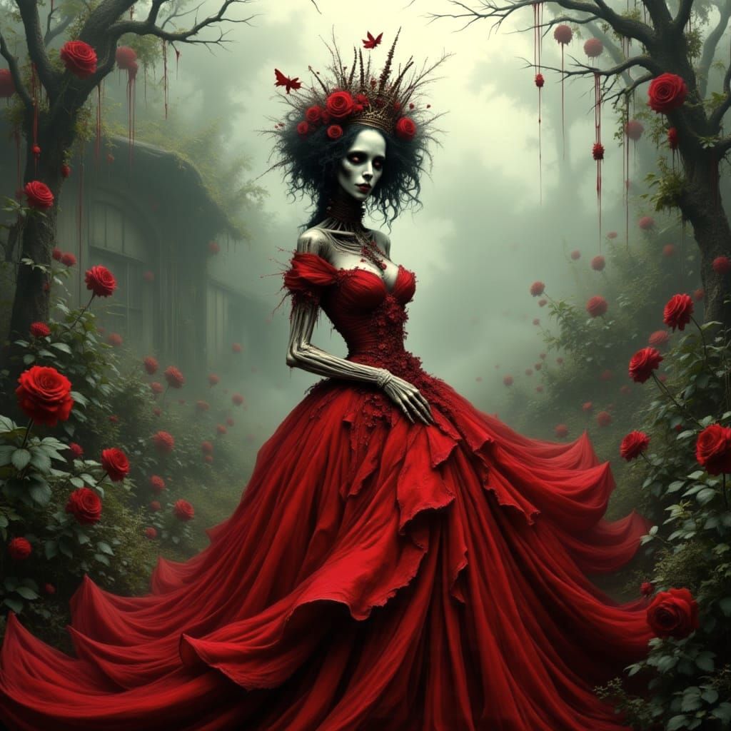 Skeleton Queen in Foggy Garden