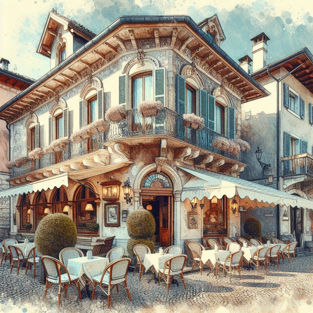 Italian Coffeehouse in Spring: A Romantic Digital Painting