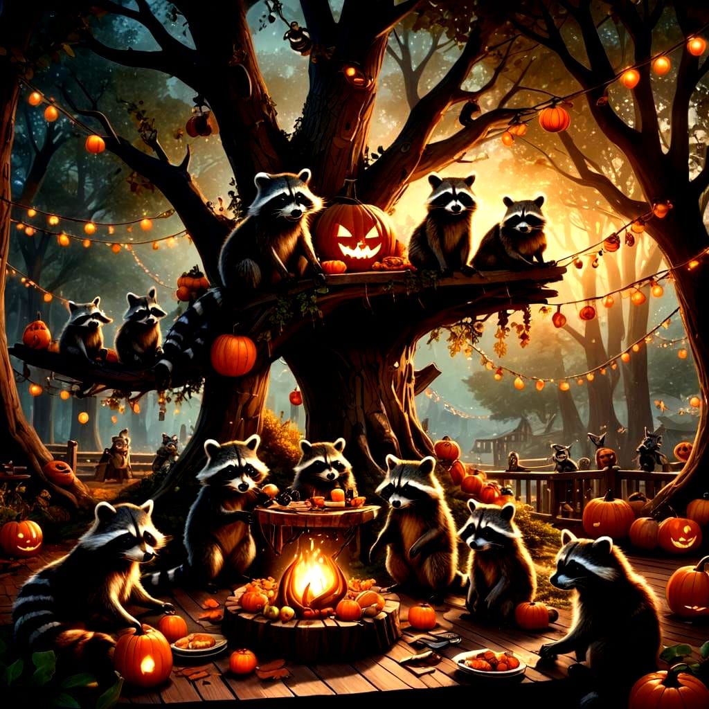 Raccoon Halloween Party on Picnic Deck: Digital Painting