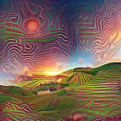Psychedelic Sunset Over Rolling Hills: Dreamlike Landscape