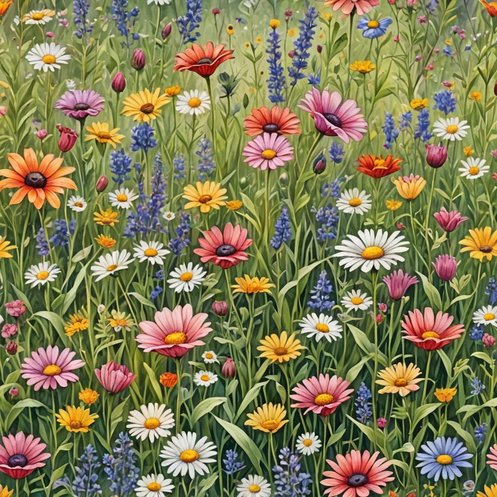 Realistic Watercolor Flowers in a Garden