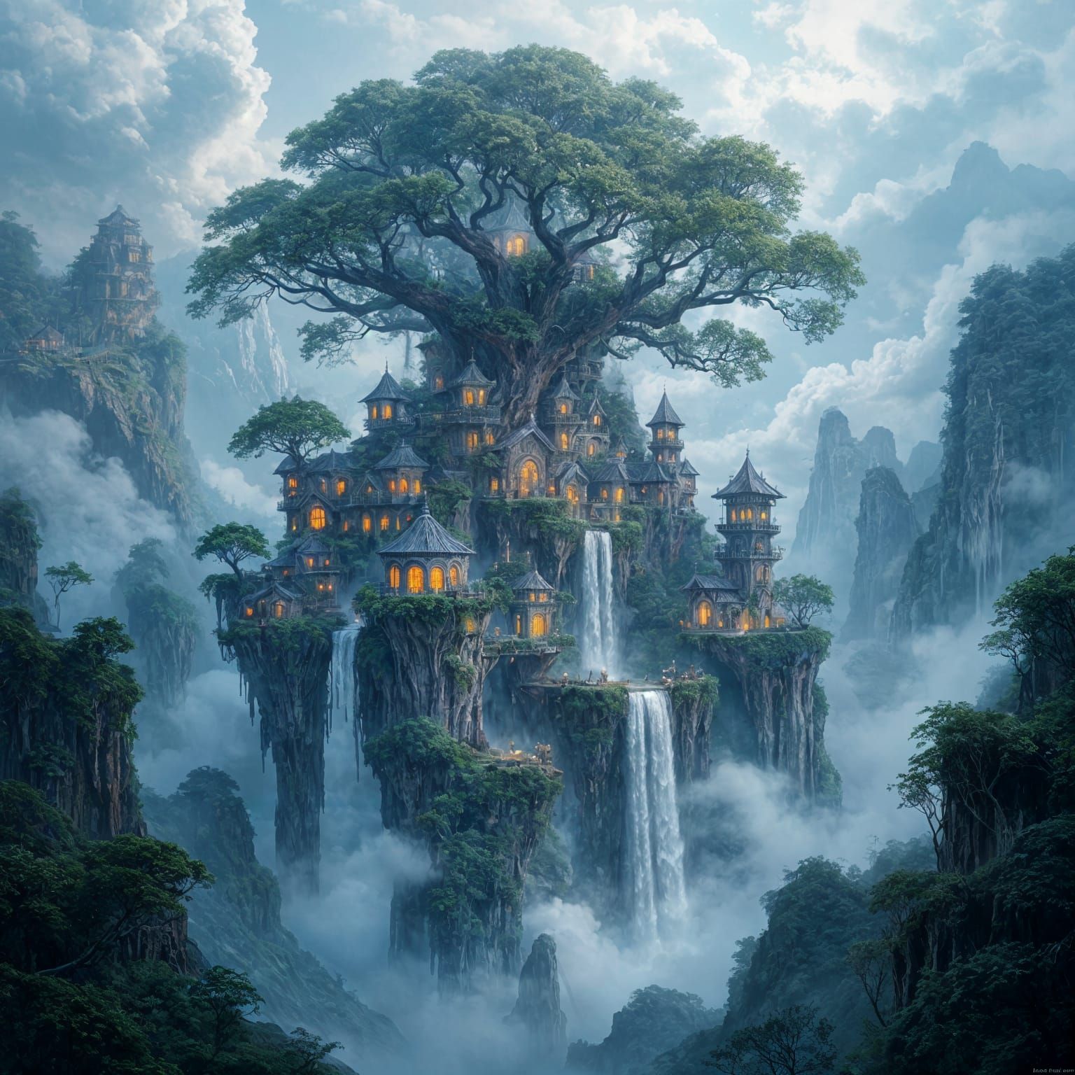 Ancient Treehouse City in Misty Abyss - Dark Fantasy Art