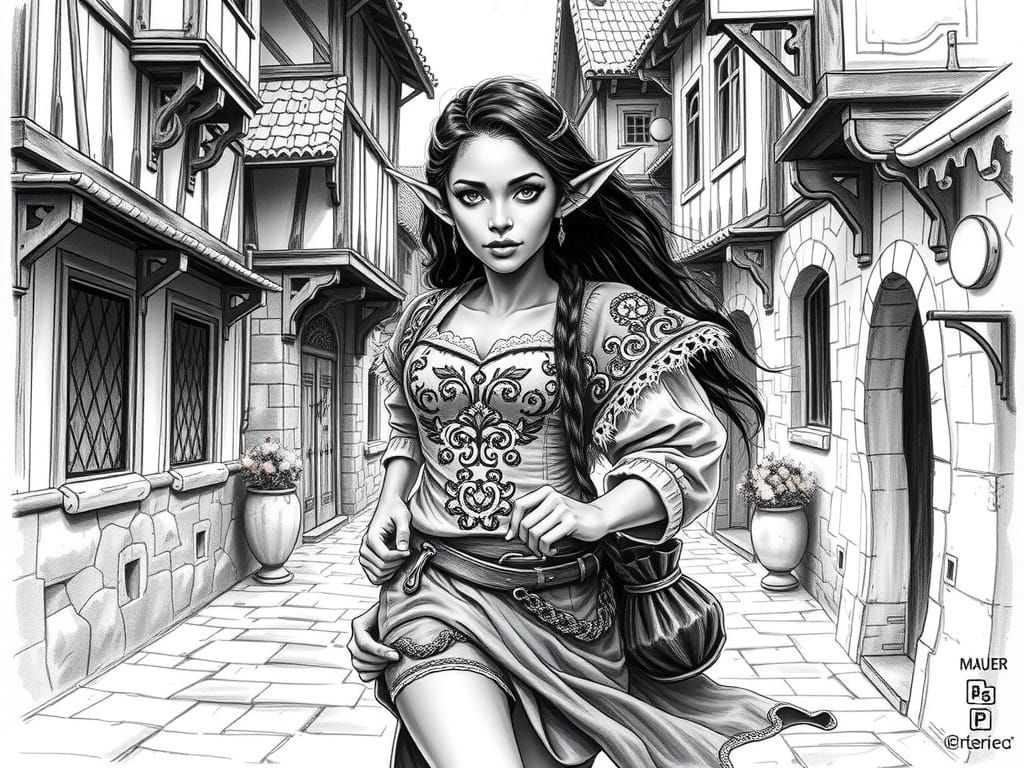 Elf Woman in Village: Charcoal Sketch in Hildebrandt Style