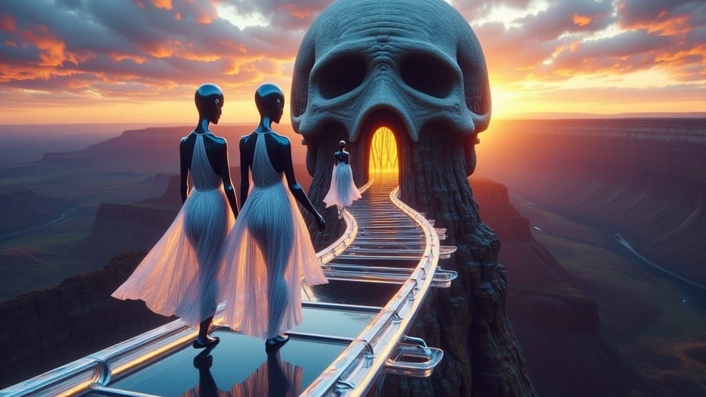 Ethereal Alien Goddesses Walk Crystal Bridge to Ancient Skul...