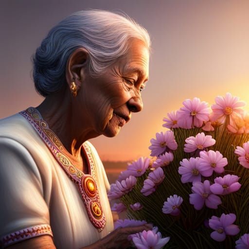 Hyperrealistic Photo of Woman Picking Bone Flowers