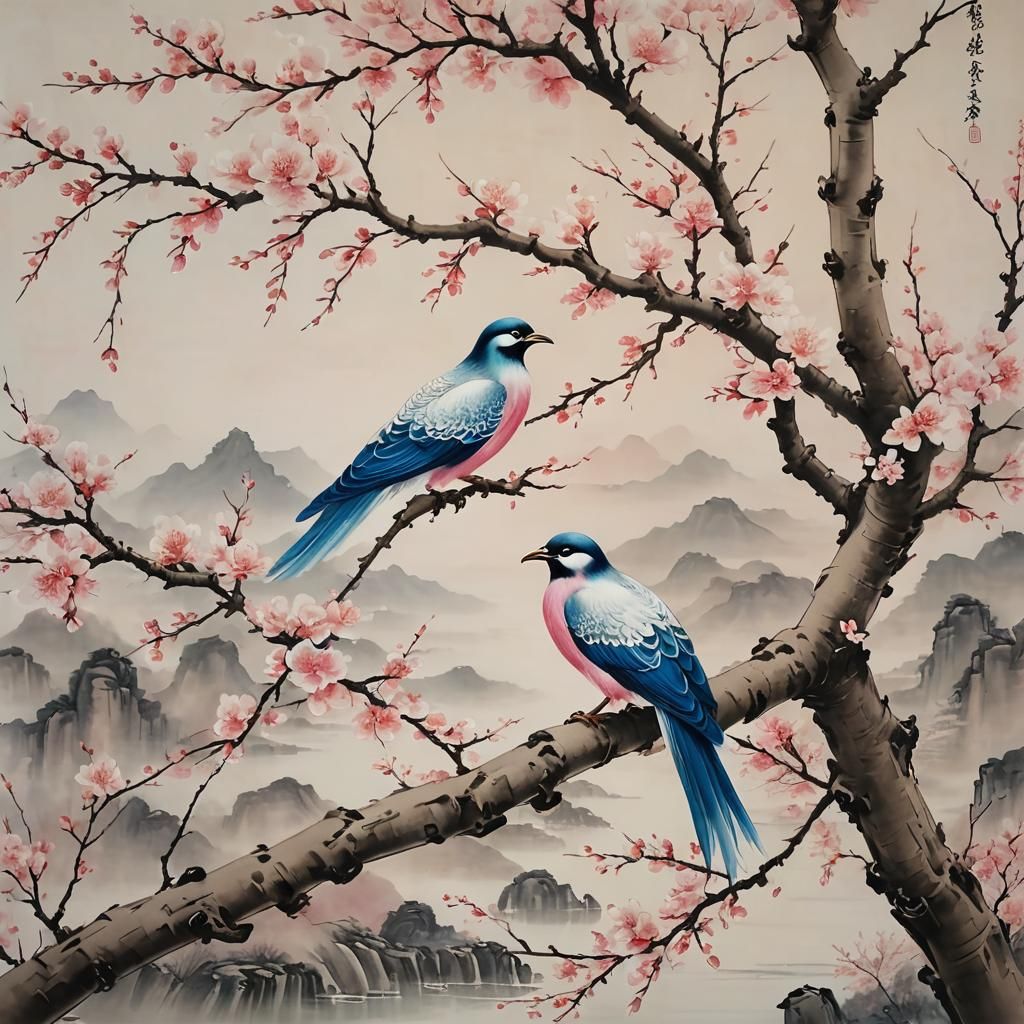Jingwei in Cherry Blossoms: A Chinese Landscape Painting