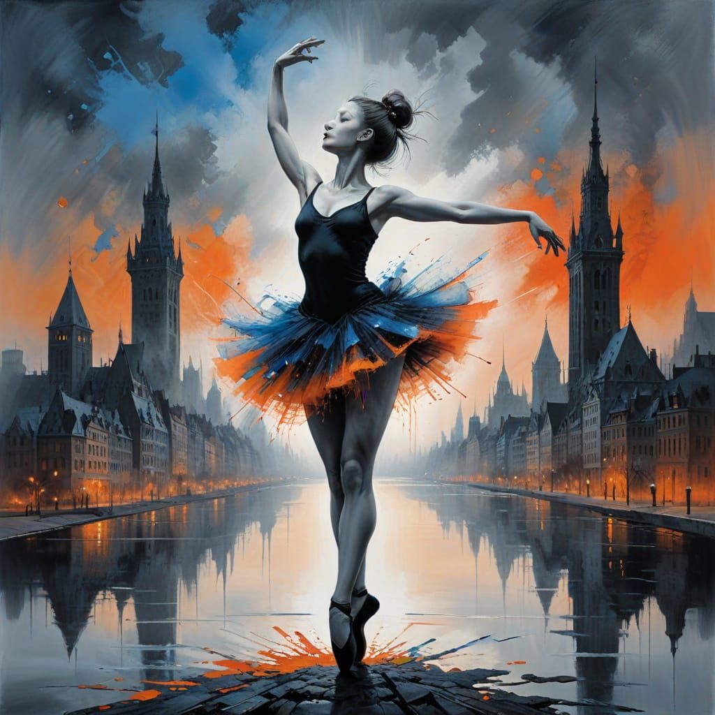 Ballerina Silhouette in Gothic Cityscape Painting