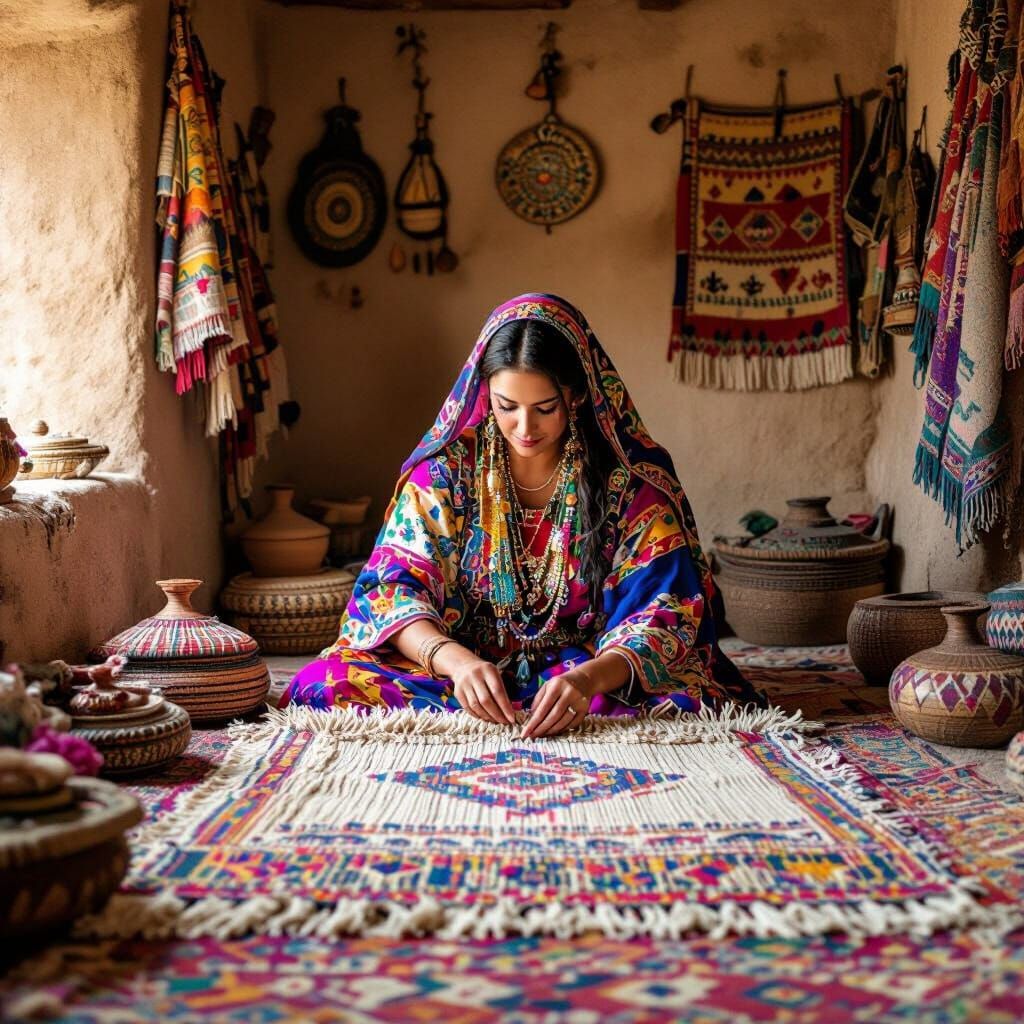 Amazigh Woman Weaving Carpet in Rural Home
