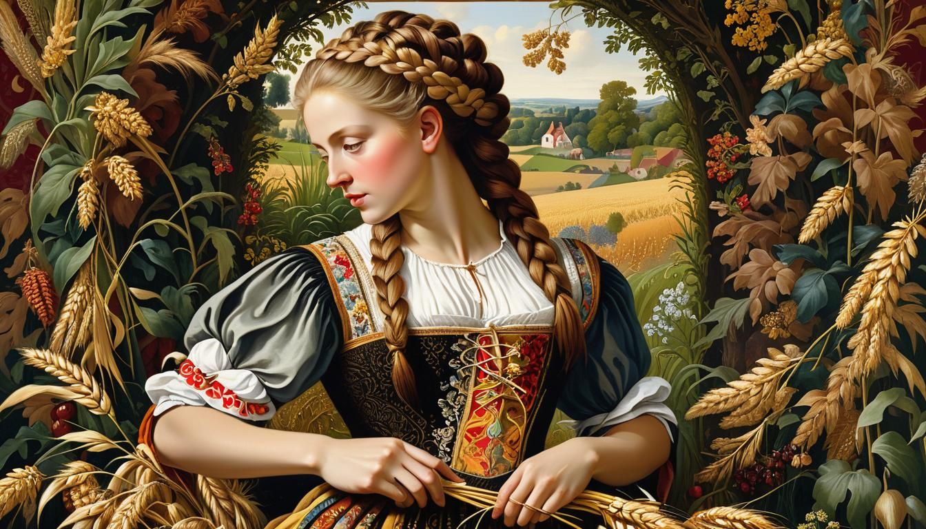 Woman Harvesting Wheat in a Renaissance Style