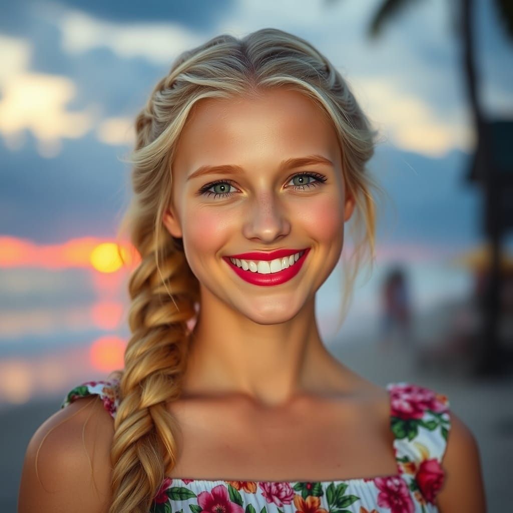 Beautiful young woman, 19 years old, blond hair in a French braid, green eyes, a warm smile showing bright white teeth t...
