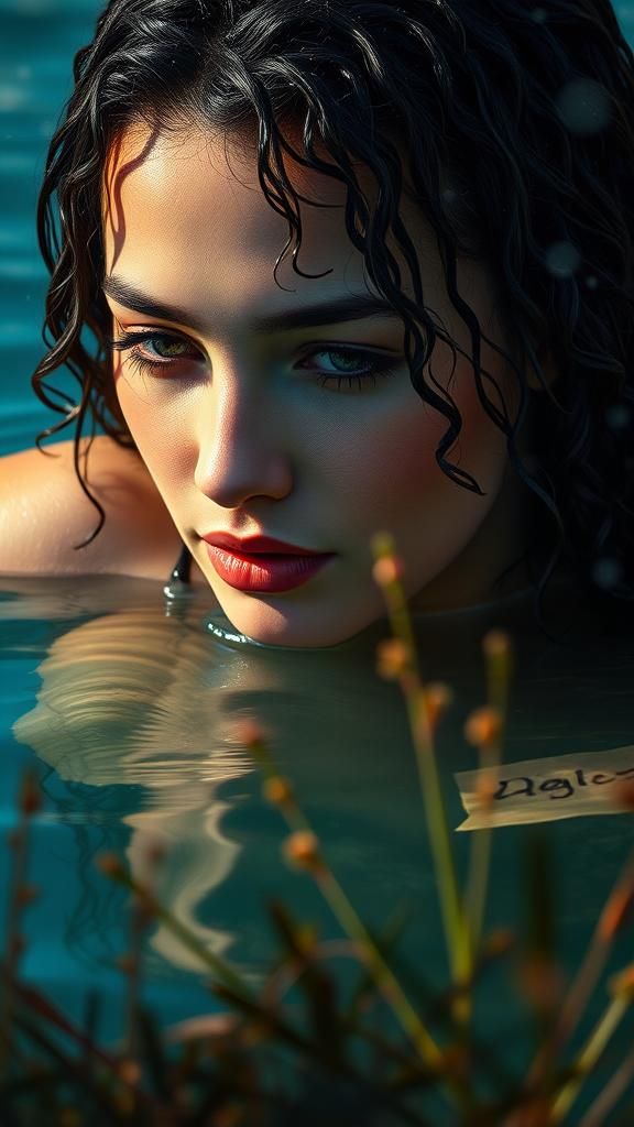 Woman Bathing in Lake at Night: Digital Artwork