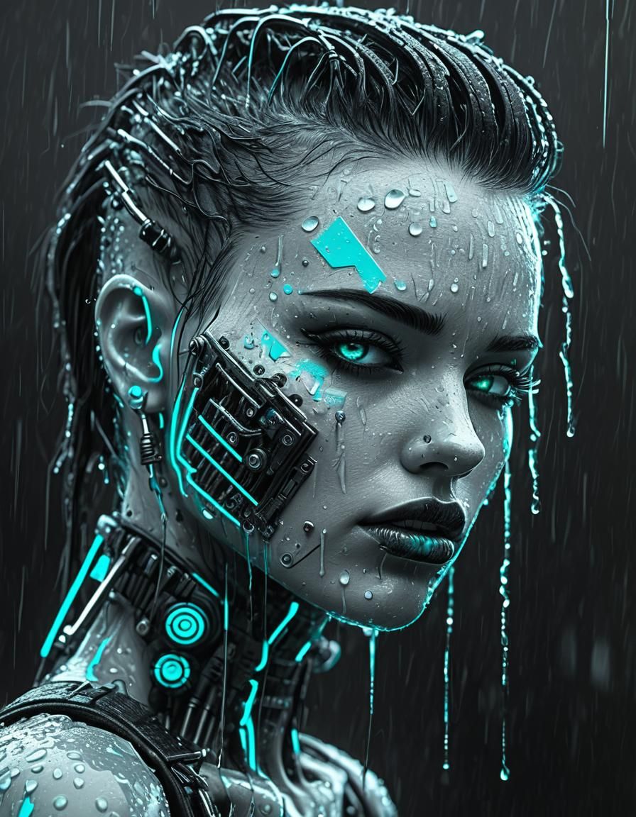 Cyberpunk Girl with Cybernetic Implants in Selective Color