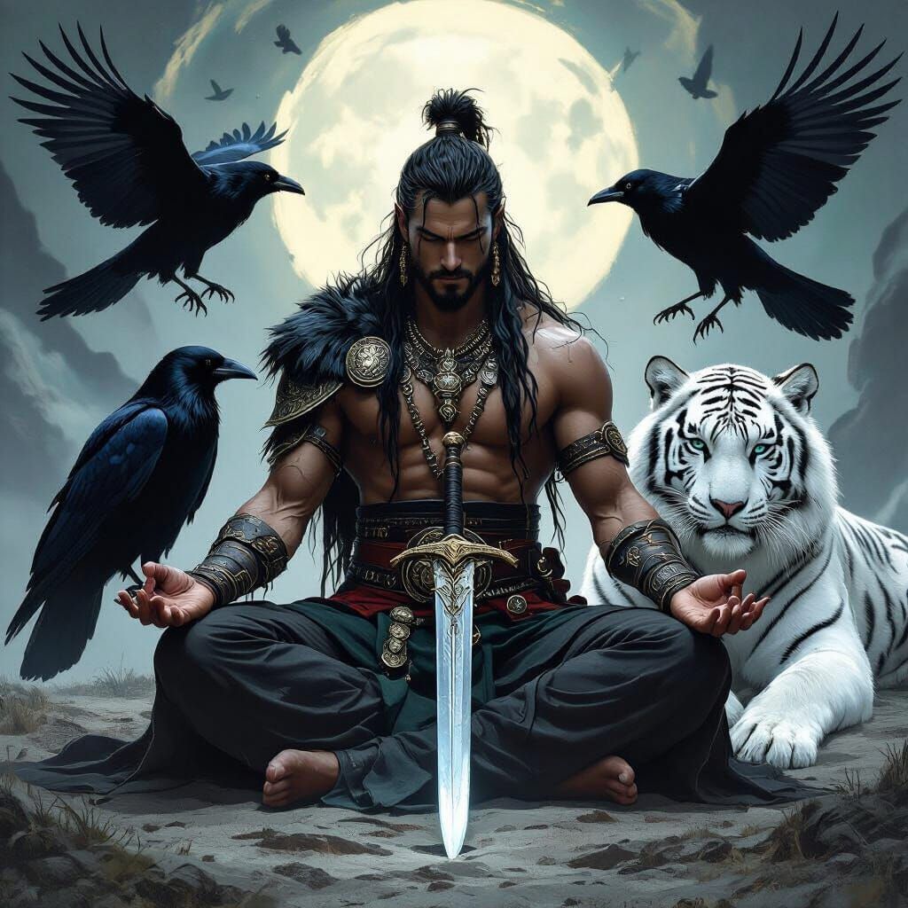 Celtic Warrior Meditation with Tiger in Mystical Style