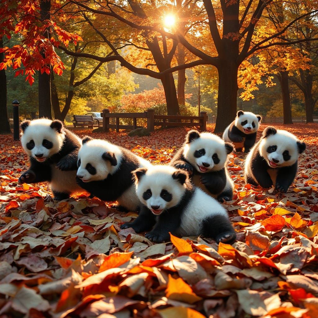 Playful Baby Pandas in Autumn Leaves