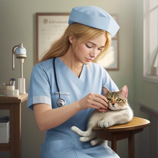 Cat Nurse Tenderly Cares for Patient: Watercolor Art