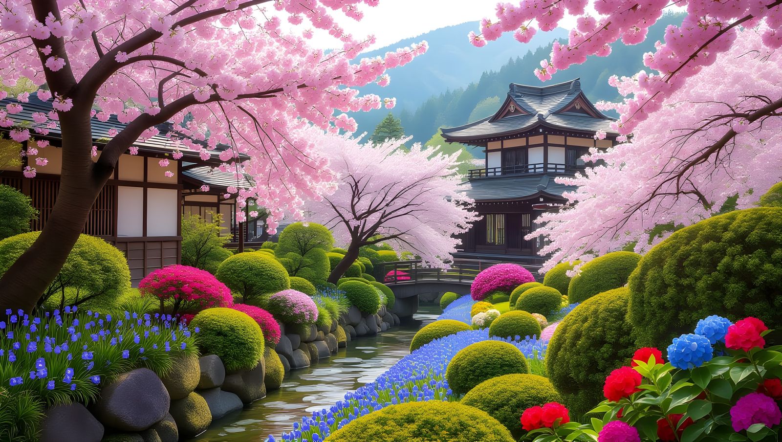 Edo-Period Sakura Village in Vibrant Bloom