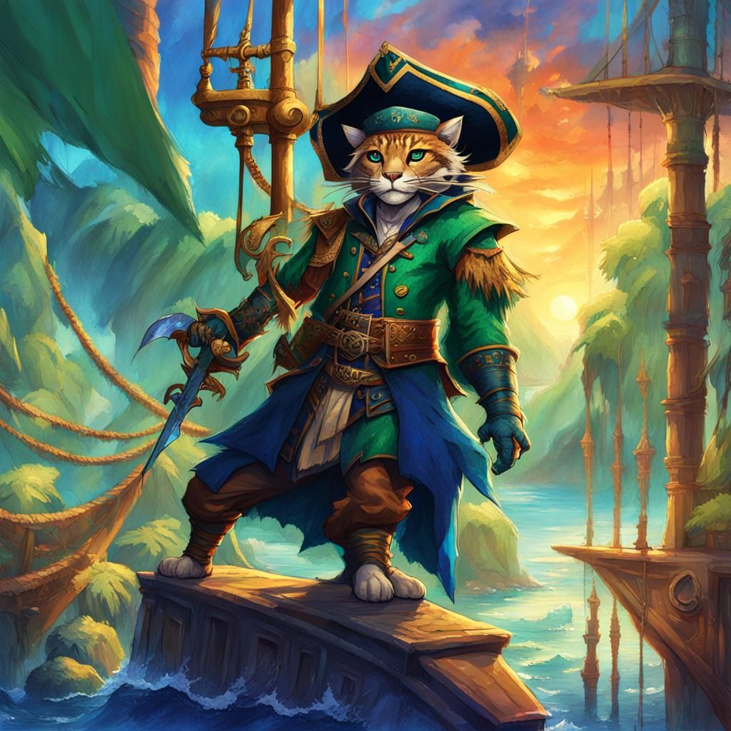 Tabaxi Pirate Captain on the Bow of Ship