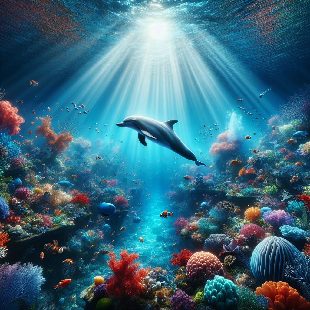 Dolphin in a Colorful Coral Reef, Underwater Fantasy