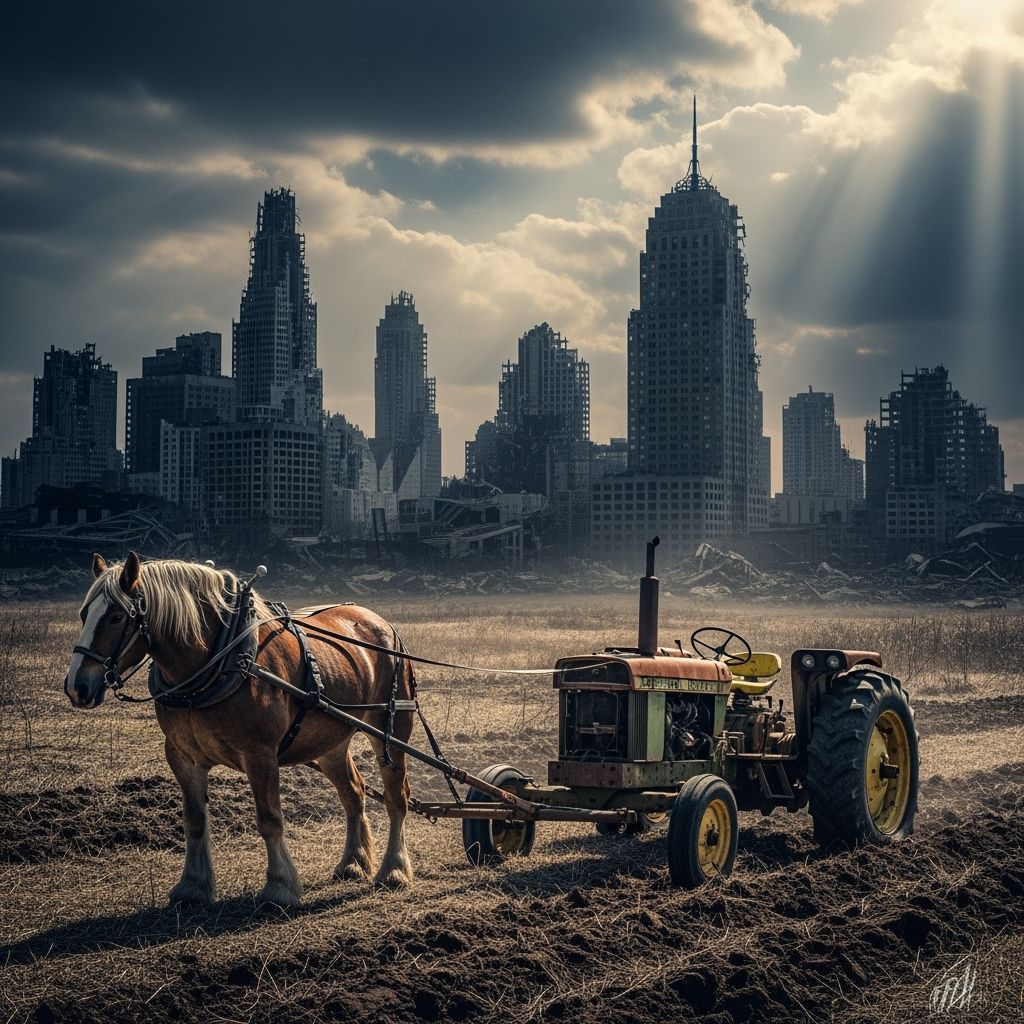 Horse Pulls Tractor Through Ruined Cityscape