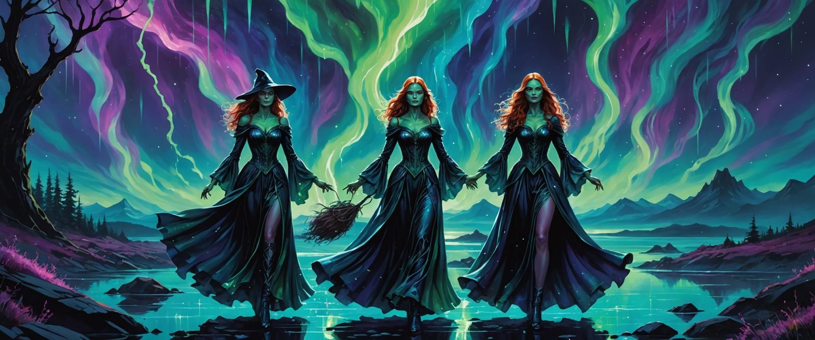 Magical Witches in Aurora Borealis Dresses