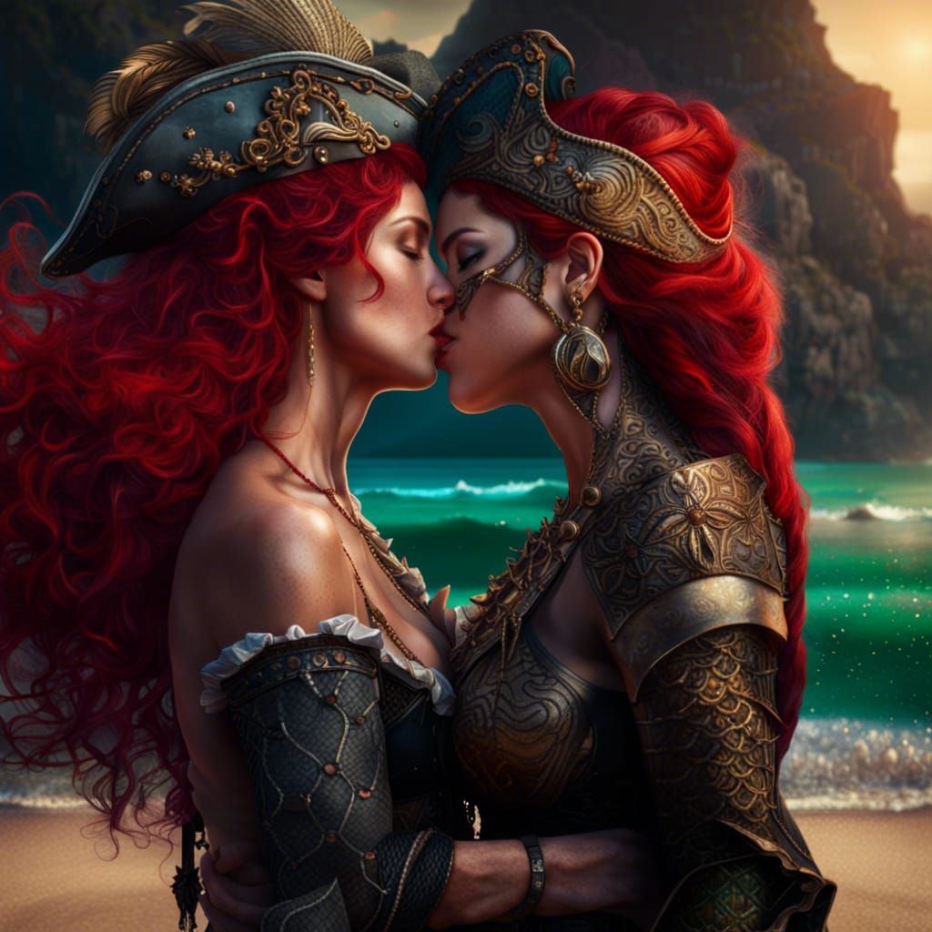 Pirate Captain and Mermaid Kiss on Caribbean Beach