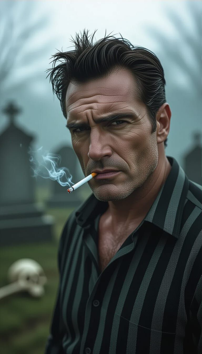 Man Smoking in Eerie Cemetery - Photorealistic Style