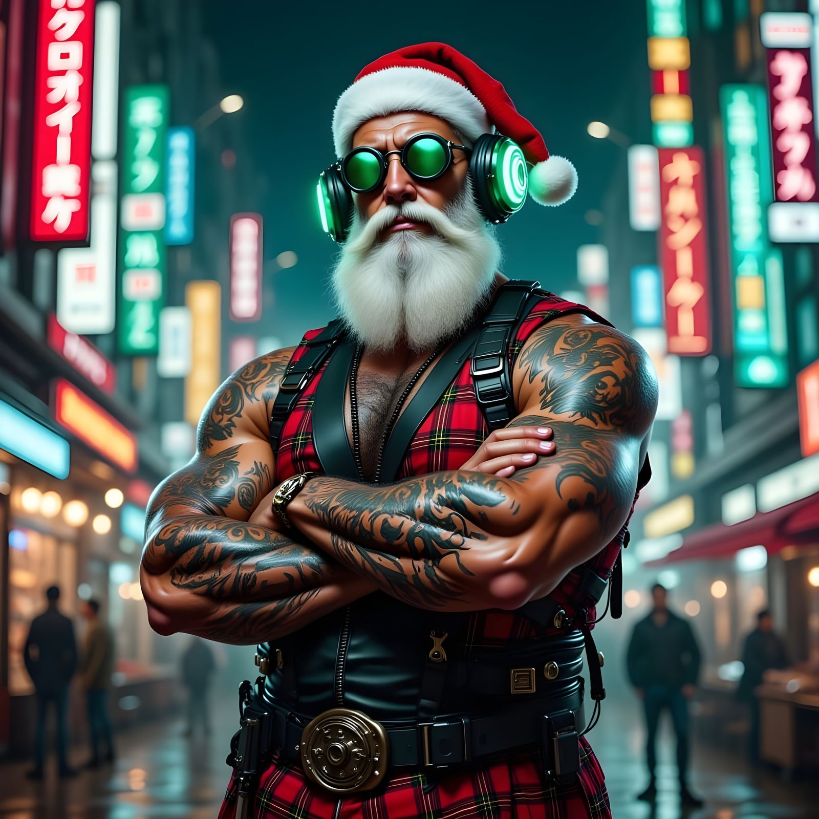 Cyberpunk Santa Claus in Futuristic Cityscape