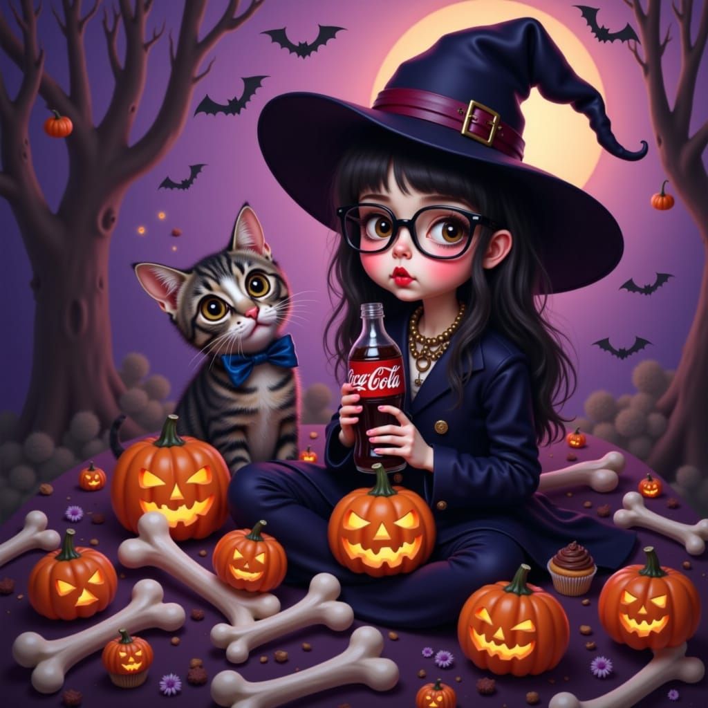 Adorable Emo Goth Witch and Cat, Animated Cartoon Style