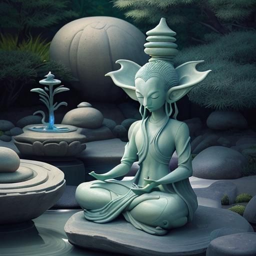 Alien Sage Meditating in Zen Garden